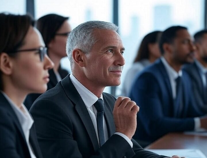 Business professionals sitting at a conference table engaged in employee upskilling