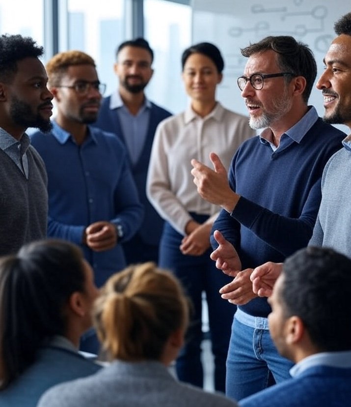 A group of professionals sitting and standing, receiving leadership coaching